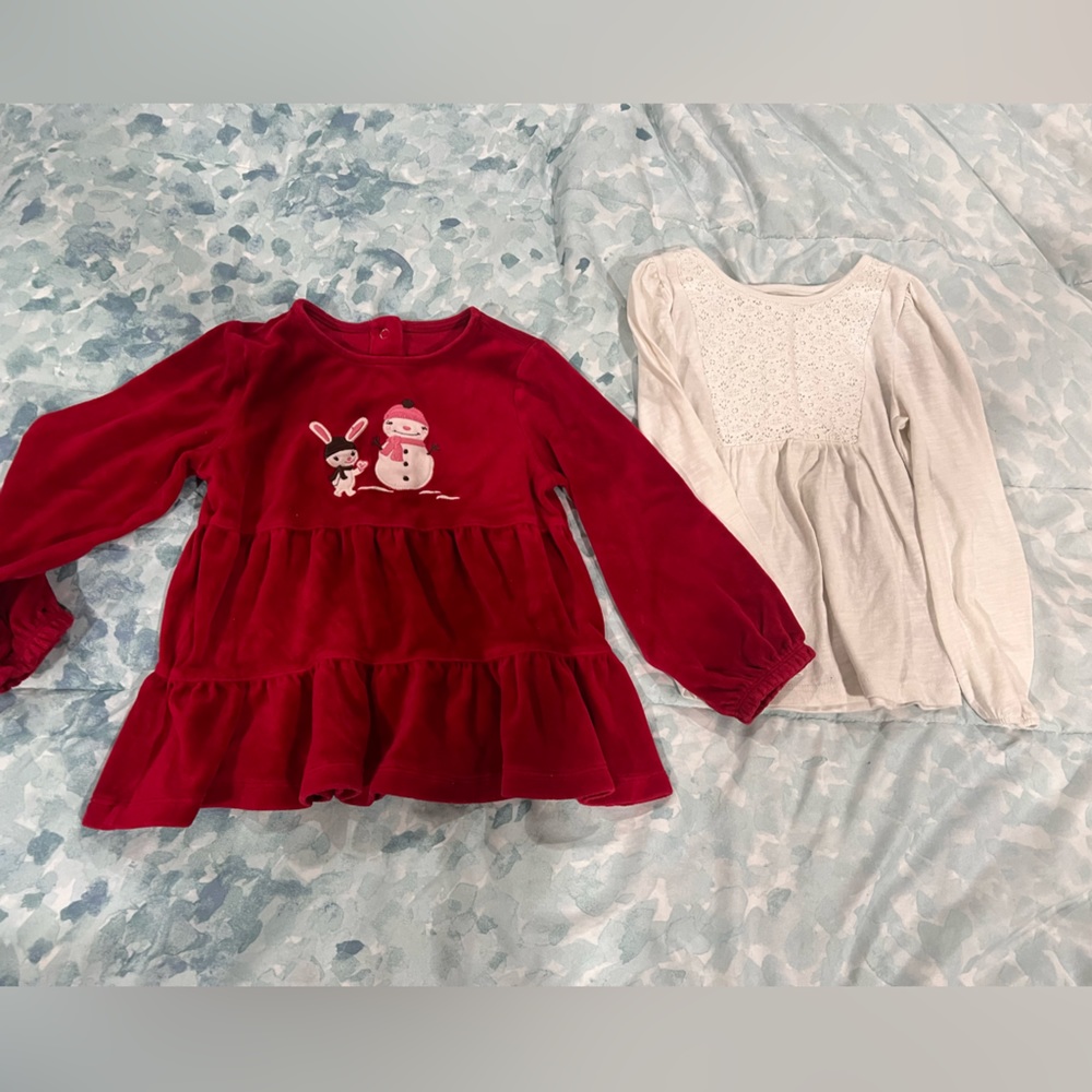Two long sleeve blouses for girls 5T red velour peasant, blouse with snowman